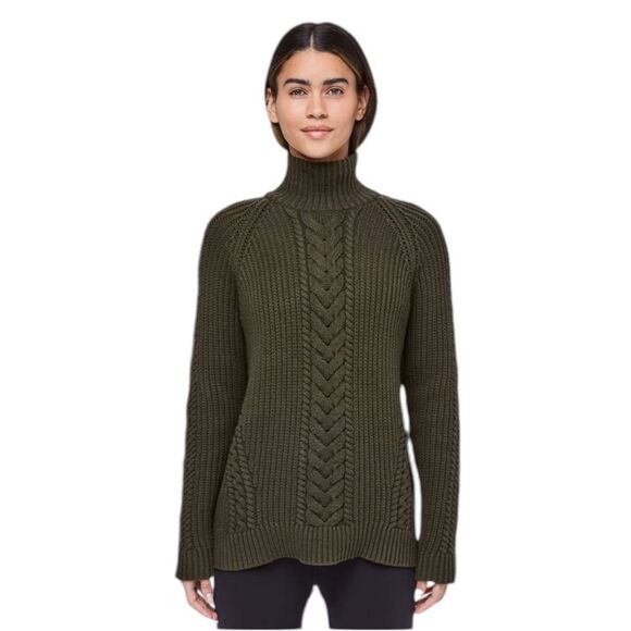 Lululemon Women’s M Chunky Turtleneck Sweater Olive Green Cable Knit Oversized - Picture 1 of 10